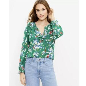 LOFT Green Floral Ruffle Tie Neck Blouse Cottagecore Romantic Top XS
